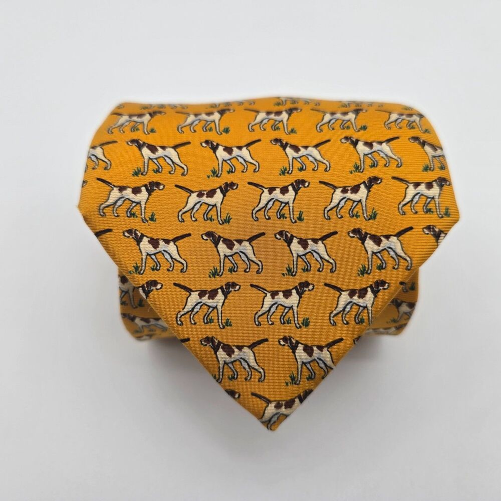 Brooks Brothers Makers Yellow Silk Tie 3.75x62 – Pointer Dog Print - Made in USA